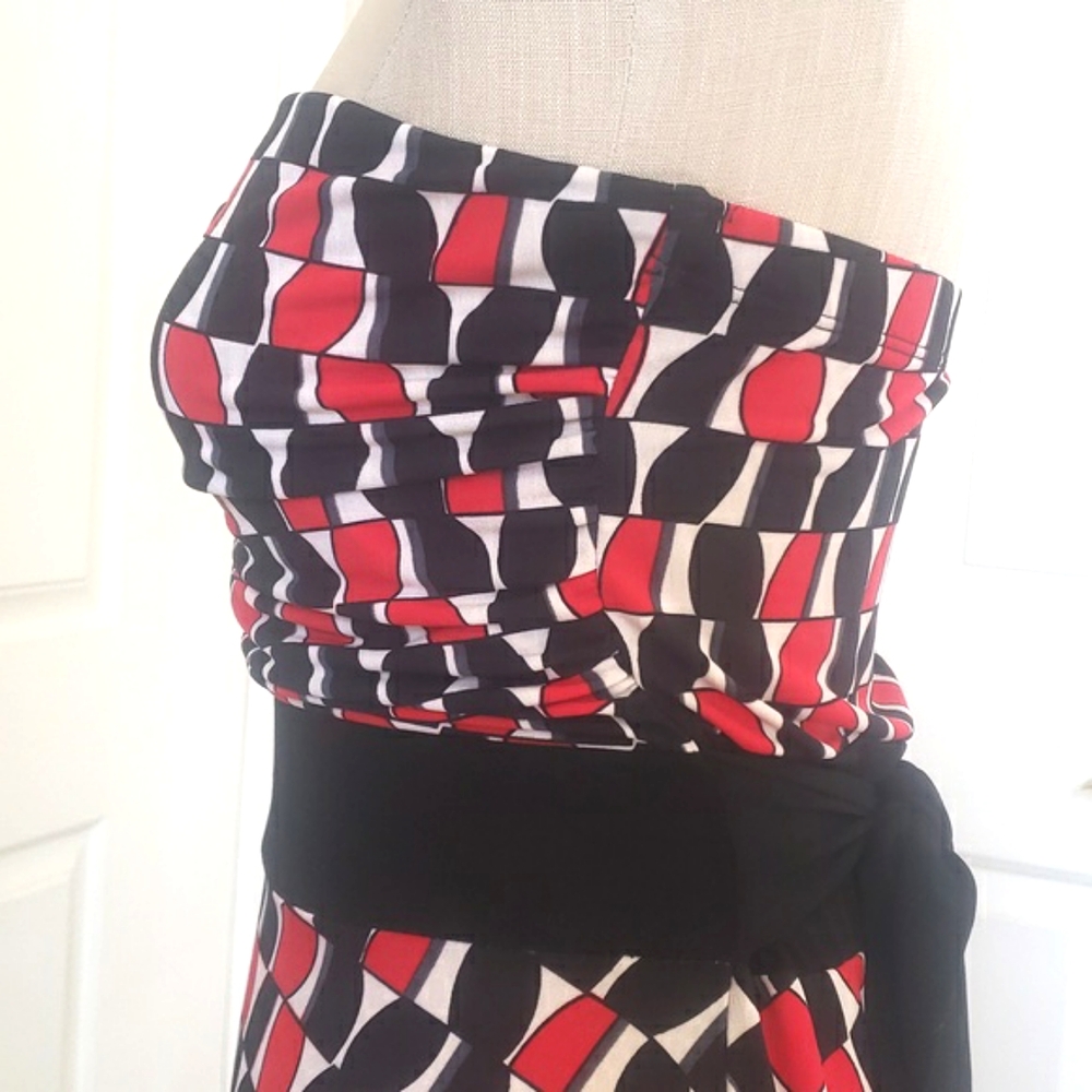 💐 Vintage 90s Forever 21 Geometric Strapless Dress Black Red Belted Slinky M - Picture 6 of 10